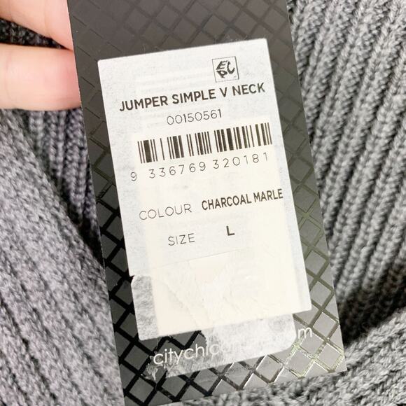 City Chic Sweater Plus Size 20 L Gray Jumper Simple V-neck Ribbed Charcoal Marle - Picture 4 of 7